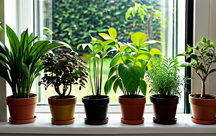 A Thriving Indoor Garden**
A collection of various potted plants thriving indoors. Some are in peat-based soil, others in regular garden soil. Focus on healthy leaves and vibrant colors. Include labels identifying the different soil types. Background is a bright, sunlit window. Fully clothed, appropriate content, safe for work, perfect anatomy, natural proportions, professional, family-friendly, modest.
**