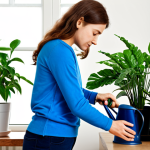 Indoor Plant Care - Watering**

"A woman with brown hair wearing a blue top is carefully watering a collection of houseplants indoors, using a watering can. Various potted plants are visible. She is fully clothed. Safe for work, appropriate content, modest setting. Perfect anatomy, correct proportions, natural pose, well-formed hands, proper finger count, natural body proportions, professional photography, high quality."

**