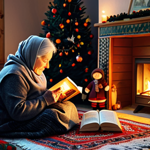 Home 17 Cozy Winter Evening at Home**
"A warm and inviting living room scene in a Russian home during winter. A grandmother (babushka) is knitting by the fireplace, wearing a traditional shawl and comfortable clothing, fully clothed. A child is reading a book on the rug near a decorated Christmas tree (Yolka). The room is lit by a warm lamp and the fire. Outside, snow is falling gently. Safe for work, appropriate content, modest clothing, family-friendly scene, perfect anatomy, natural proportions, high quality, professional photography, soft lighting."
**