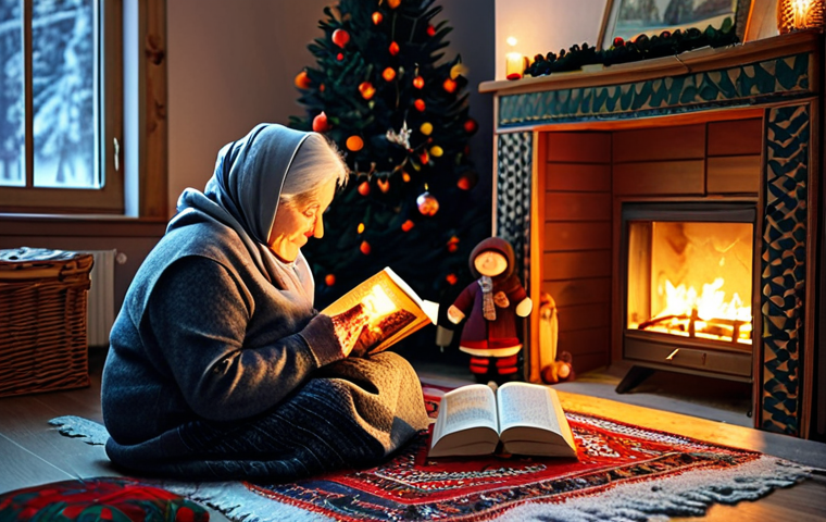 Cozy Winter Evening at Home**
"A warm and inviting living room scene in a Russian home during winter. A grandmother (babushka) is knitting by the fireplace, wearing a traditional shawl and comfortable clothing, fully clothed. A child is reading a book on the rug near a decorated Christmas tree (Yolka). The room is lit by a warm lamp and the fire. Outside, snow is falling gently. Safe for work, appropriate content, modest clothing, family-friendly scene, perfect anatomy, natural proportions, high quality, professional photography, soft lighting."
**