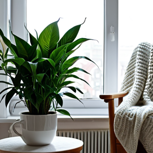 Home 8 **
"A cozy corner in a Moscow apartment featuring a Zamioculcas zamiifolia (ZZ plant) and a Spathiphyllum (peace lily) thriving in low light. The ZZ plant is potted in a simple, modern ceramic pot, while the peace lily displays its elegant white flowers. Soft, diffused light filters through a nearby window. The setting includes a comfortable armchair with a knitted blanket, a small side table with a cup of tea, and a warm, inviting atmosphere. safe for work, appropriate content, fully clothed, modest, professional photography, high quality, perfect anatomy, natural proportions."
**