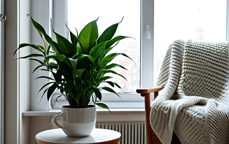 **
"A cozy corner in a Moscow apartment featuring a Zamioculcas zamiifolia (ZZ plant) and a Spathiphyllum (peace lily) thriving in low light. The ZZ plant is potted in a simple, modern ceramic pot, while the peace lily displays its elegant white flowers. Soft, diffused light filters through a nearby window. The setting includes a comfortable armchair with a knitted blanket, a small side table with a cup of tea, and a warm, inviting atmosphere. safe for work, appropriate content, fully clothed, modest, professional photography, high quality, perfect anatomy, natural proportions."
**