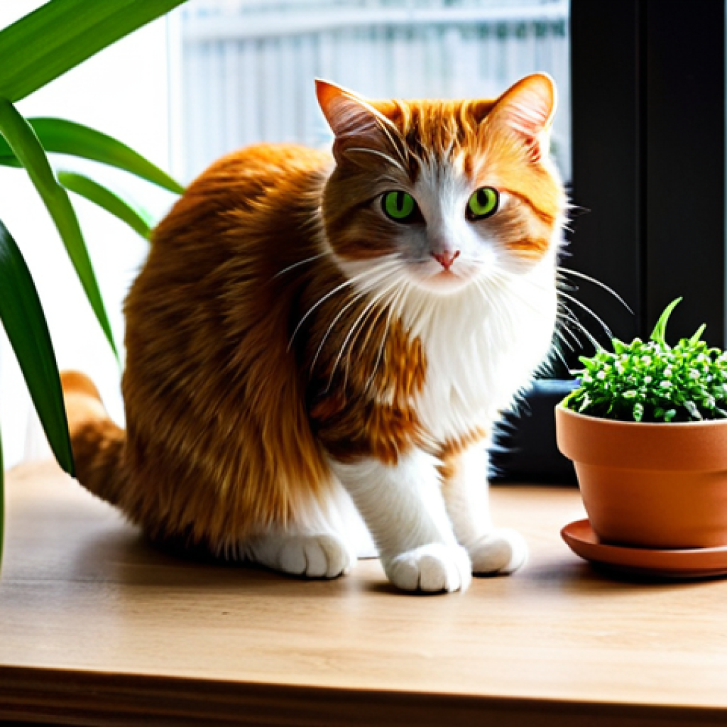 반려식물과 반려동물 안전한 조합 - **Prompt 1: A Serene Pet-Friendly Corner with Chlorophytum**
A fluffy, ginger cat, with bright c...