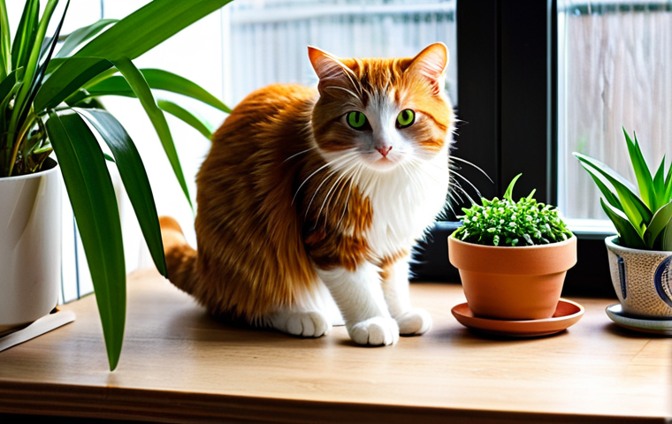 반려식물과 반려동물 안전한 조합 - **Prompt 1: A Serene Pet-Friendly Corner with Chlorophytum**
A fluffy, ginger cat, with bright c...