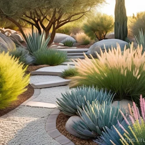 Home 27 드라이가든 스타일링 방법 - **Prompt 1: Serene Mediterranean Dry Garden Landscape at Sunset**
"A wide, tranquil view of a be...