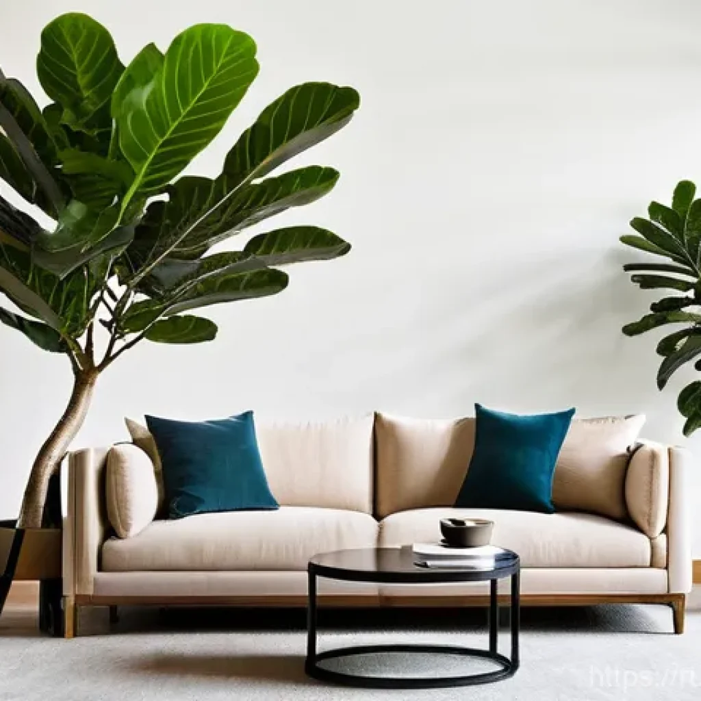 거실에서 키우기 좋은 대형 식물 - **Prompt: Majestic Ficus Lyrata in a Modern Living Room**
A wide-angle, highly detailed photogra...