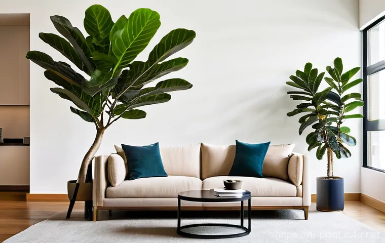 거실에서 키우기 좋은 대형 식물 - **Prompt: Majestic Ficus Lyrata in a Modern Living Room**
A wide-angle, highly detailed photogra...