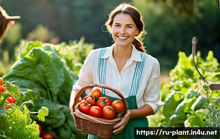 텃밭 가꾸기 초보자 팁 - **Prompt 1:** A smiling woman in her early 30s, dressed in comfortable, modest gardening clothes suc...