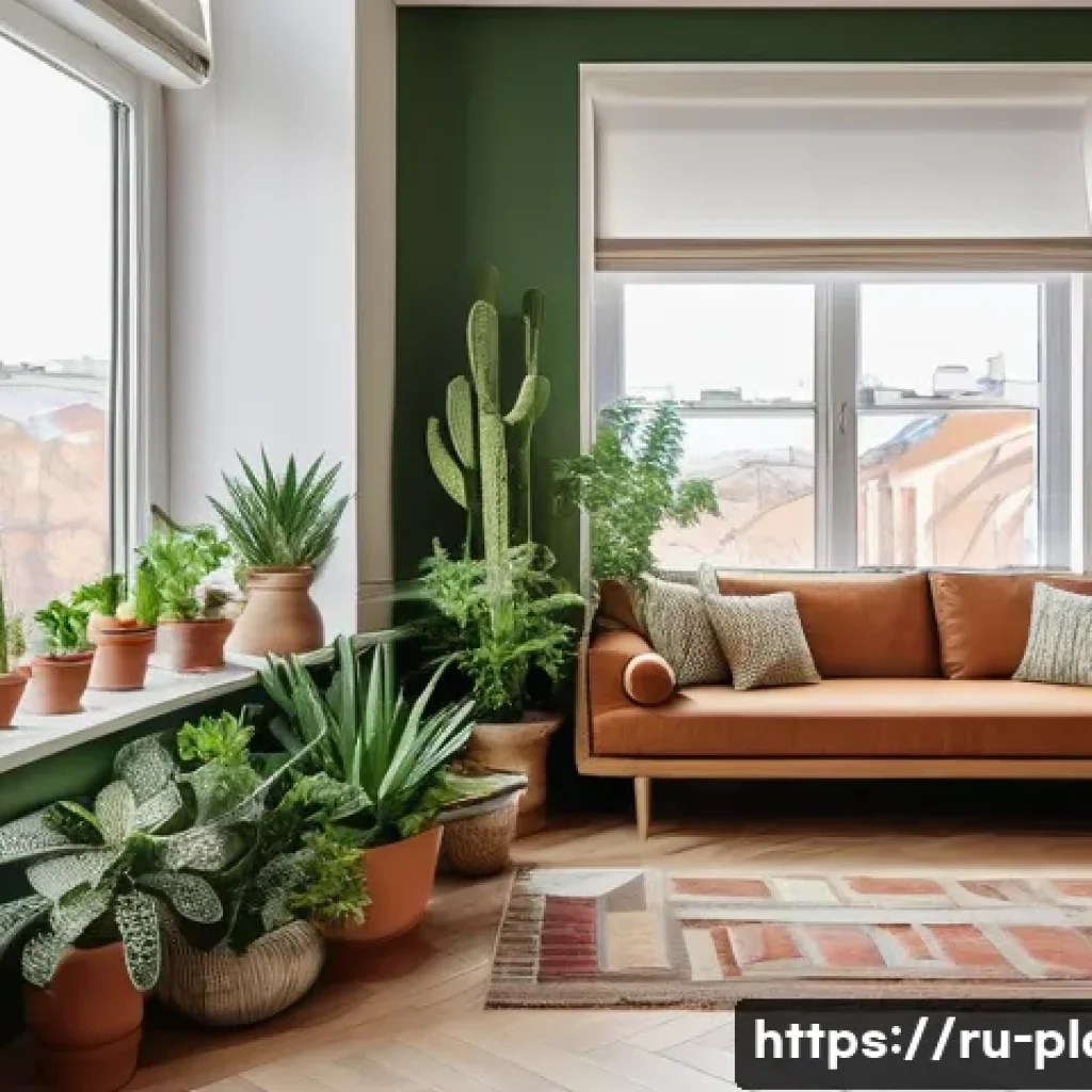식물 키우기 실패 원인과 해결책 - A cozy indoor scene featuring a variety of houseplants placed strategically by a large window in a m...