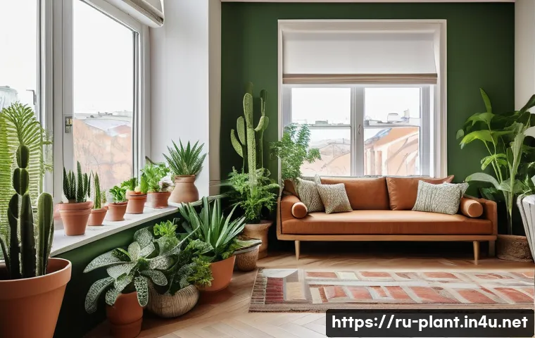 식물 키우기 실패 원인과 해결책 - A cozy indoor scene featuring a variety of houseplants placed strategically by a large window in a m...