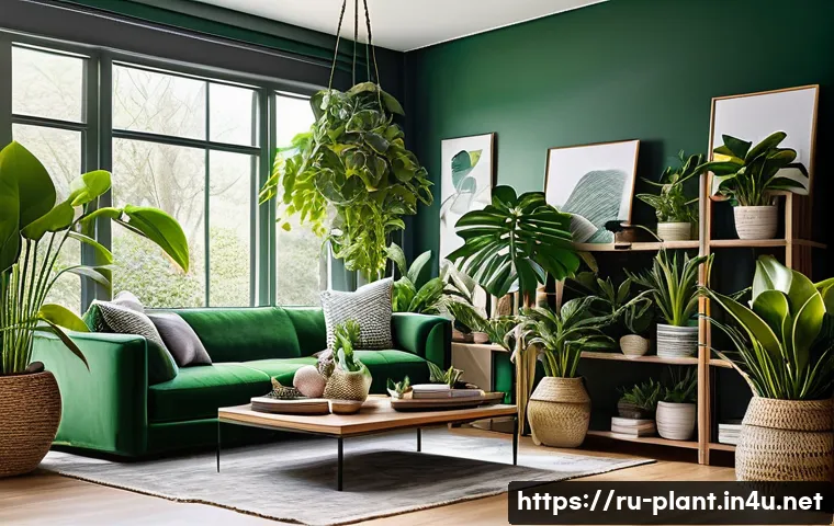 실내 화초 조합별 추천 - A cozy indoor corner featuring a variety of houseplants with contrasting leaf textures: soft, velvet...