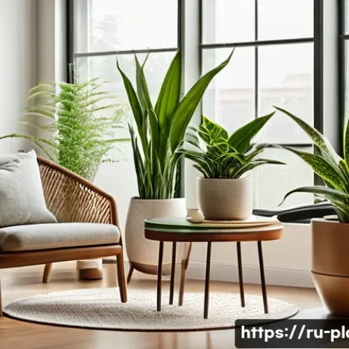 공기정화식물 효과 과장 여부 - A cozy modern living room interior featuring several medium-sized indoor plants such as snake plant ...
