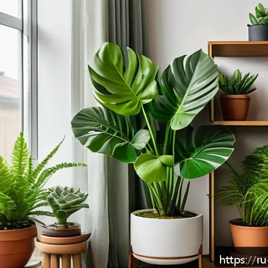 관엽식물 키우는 법 - A cozy urban apartment corner featuring a variety of houseplants arranged harmoniously: a tall Monst...