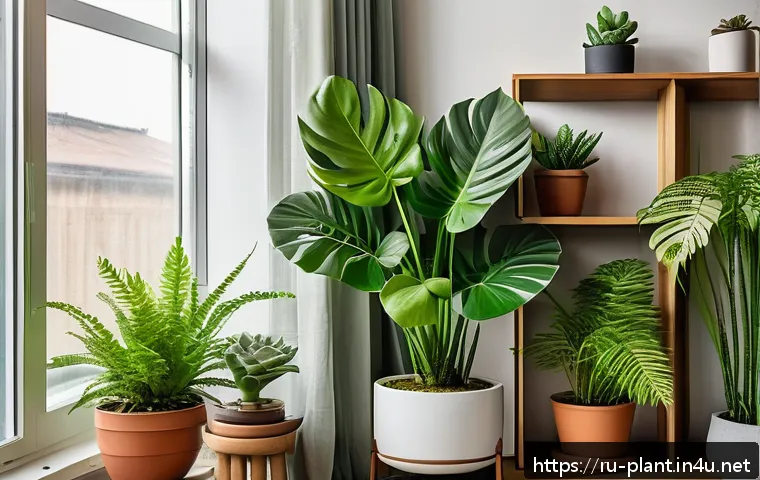 관엽식물 키우는 법 - A cozy urban apartment corner featuring a variety of houseplants arranged harmoniously: a tall Monst...