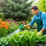 식물 영양제 추천 및 사용법 - A vibrant garden scene in spring showcasing a variety of flowering plants and vegetables thriving wi...