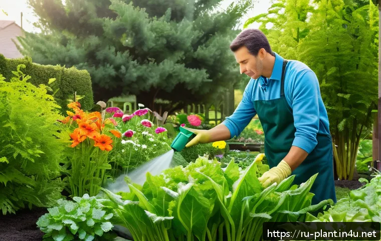 식물 영양제 추천 및 사용법 - A vibrant garden scene in spring showcasing a variety of flowering plants and vegetables thriving wi...
