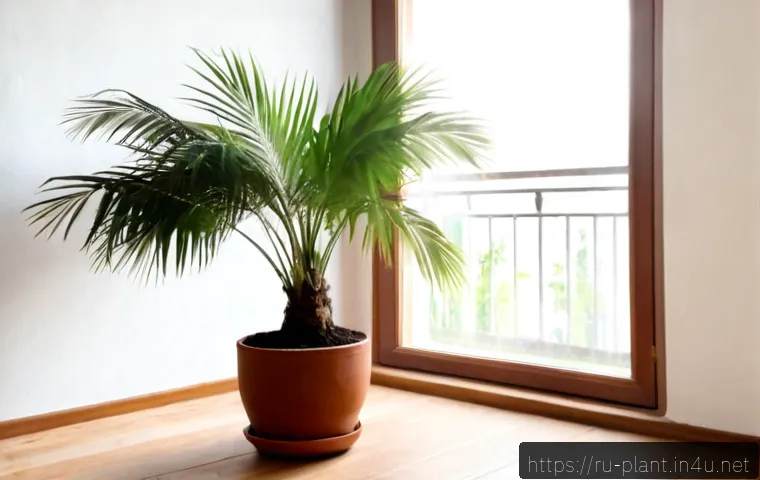 Home 17 코코넛야자 키우기 - Photorealistic indoor coconut palm growing in a large terracotta pot beside a bright apartment windo...